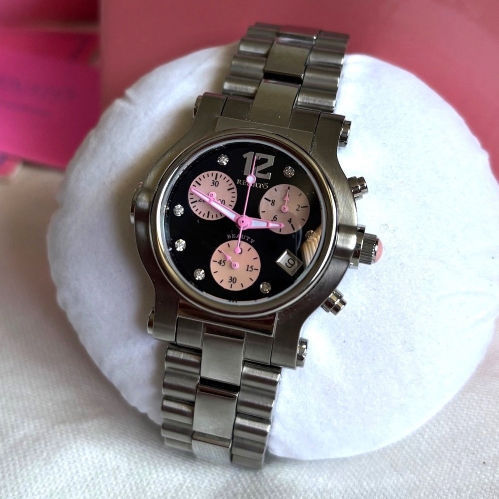 Renato Beauty Chronograph Swiss Movt Black Pink Dial Crystal Women's Watch Date - Picture 1 of 8